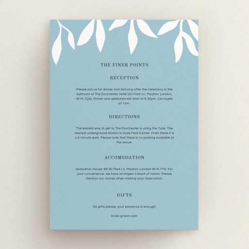 Wedding Insert Card Design - "Winter bloom" A wedding insert card called "Winter bloom". It is an A5 card in a portrait orientation. "Winter bloom" is available as a flat card, with tones of blue and white.