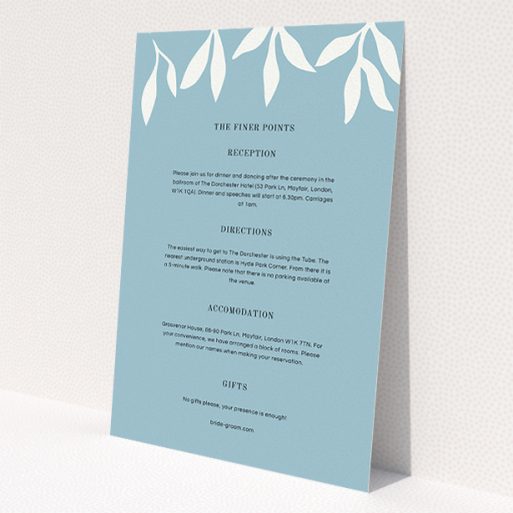 A wedding insert card called 'Winter bloom'. It is an A5 card in a portrait orientation. 'Winter bloom' is available as a flat card, with tones of blue and white.