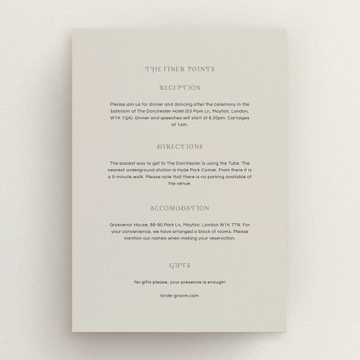 Wedding Insert Card Design - "Woodland dusk" A wedding insert card template titled "Woodland dusk". It is an A5 card in a portrait orientation. "Woodland dusk" is available as a flat card, with mainly faded cream colouring.