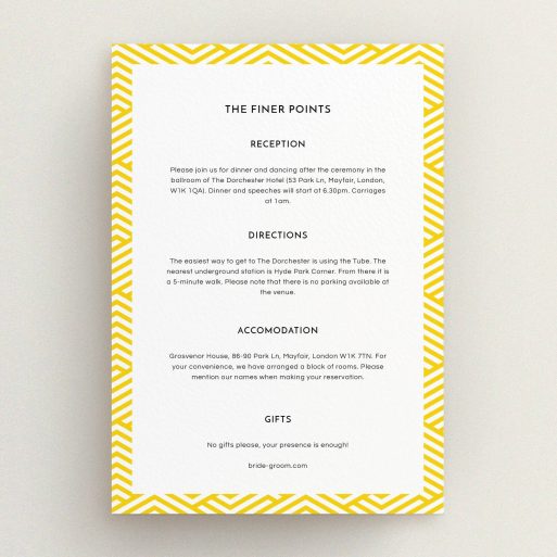 Wedding Insert Card Design - "Yellow lines" A wedding insert card design named "Yellow lines". It is an A5 card in a portrait orientation. "Yellow lines" is available as a flat card, with tones of yellow and white.