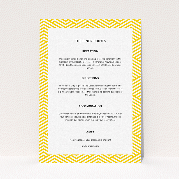 A wedding insert card design named "Yellow lines". It is an A5 card in a portrait orientation. "Yellow lines" is available as a flat card, with tones of yellow and white.