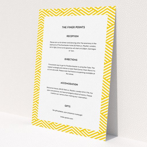 A wedding insert card design named 'Yellow lines'. It is an A5 card in a portrait orientation. 'Yellow lines' is available as a flat card, with tones of yellow and white.
