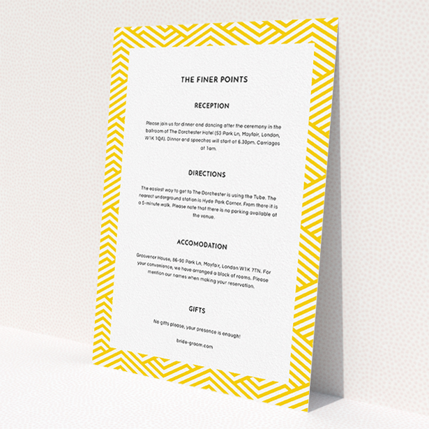 A wedding insert card design named "Yellow lines". It is an A5 card in a portrait orientation. "Yellow lines" is available as a flat card, with tones of yellow and white.