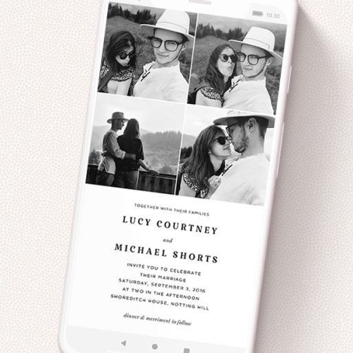A wedding invitation for whatsapp template titled '4 Quarters Classic'. It is a smartphone screen sized invite in a portrait orientation. It is a photographic wedding invitation for whatsapp with room for 4 photos. '4 Quarters Classic' is available as a flat invite, with mainly white colouring.