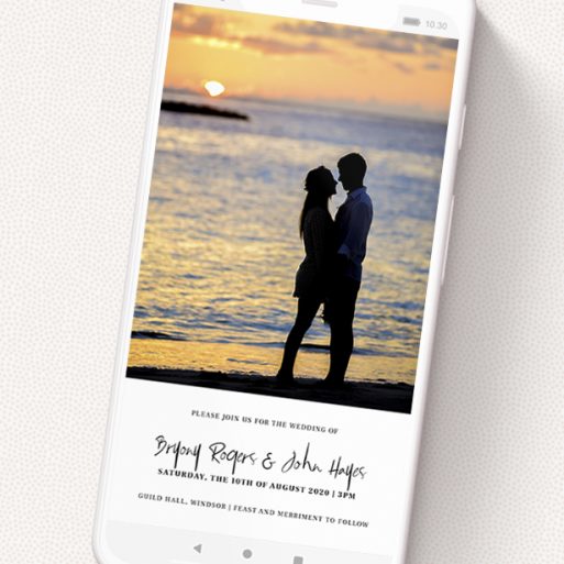 A wedding invitation for whatsapp template titled 'A bit at the bottom'. It is a smartphone screen sized invite in a portrait orientation. It is a photographic wedding invitation for whatsapp with room for 1 photo. 'A bit at the bottom' is available as a flat invite, with tones of black and white.