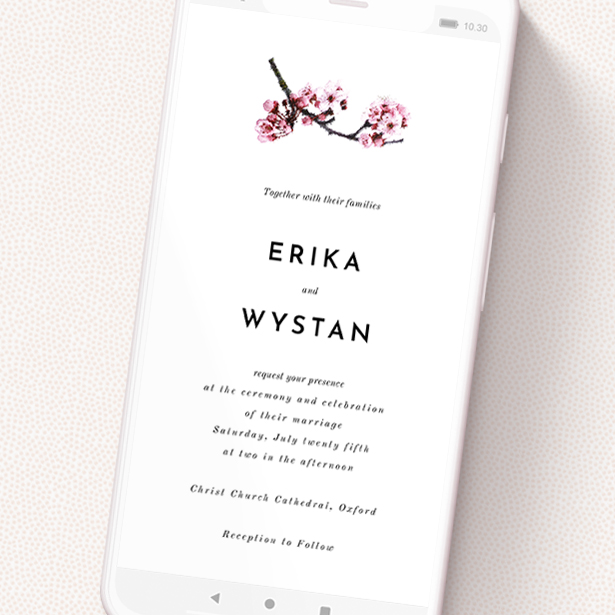 A wedding invitation for whatsapp named 'A side of Blossom '. It is a smartphone screen sized invite in a portrait orientation. 'A side of Blossom ' is available as a flat invite, with mainly white colouring.