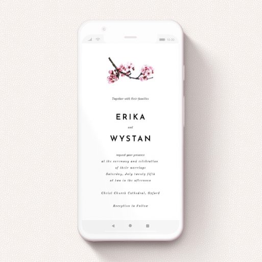 A wedding invitation for whatsapp named "A side of Blossom ". It is a smartphone screen sized invite in a portrait orientation. "A side of Blossom " is available as a flat invite, with mainly white colouring.
