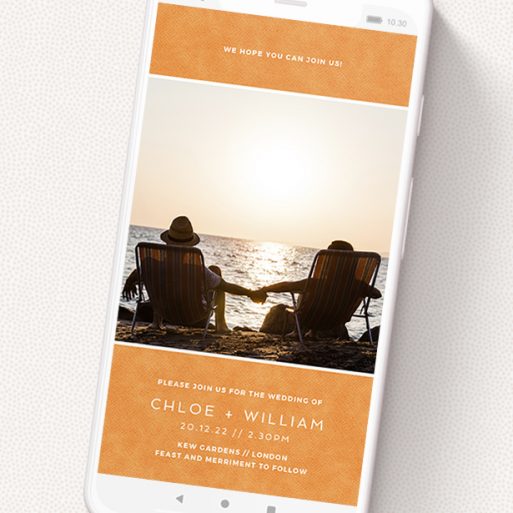 A wedding invitation for whatsapp called 'Beach Towel Orange'. It is a smartphone screen sized invite in a portrait orientation. It is a photographic wedding invitation for whatsapp with room for 1 photo. 'Beach Towel Orange' is available as a flat invite, with tones of orange and white.