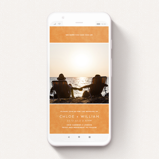 A wedding invitation for whatsapp called "Beach Towel Orange". It is a smartphone screen sized invite in a portrait orientation. It is a photographic wedding invitation for whatsapp with room for 1 photo. "Beach Towel Orange" is available as a flat invite, with tones of orange and white.