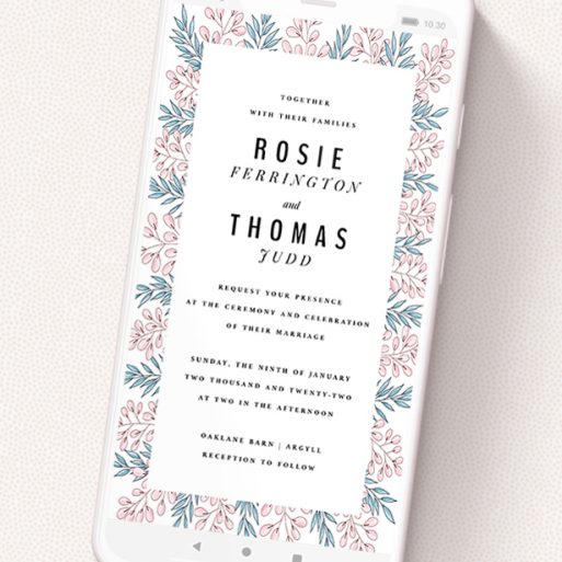 A wedding invitation for whatsapp design named 'Blossom and Long Leaves'. It is a smartphone screen sized invite in a portrait orientation. 'Blossom and Long Leaves' is available as a flat invite, with tones of blue and pink.