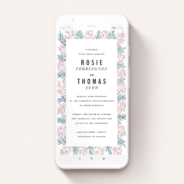 A wedding invitation for whatsapp design named "Blossom and Long Leaves". It is a smartphone screen sized invite in a portrait orientation. "Blossom and Long Leaves" is available as a flat invite, with tones of blue and pink.