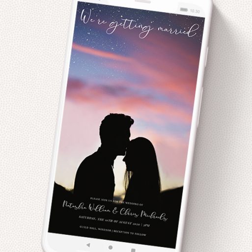 A wedding invitation for whatsapp template titled 'Carnaby Street'. It is a smartphone screen sized invite in a portrait orientation. It is a photographic wedding invitation for whatsapp with room for 1 photo. 'Carnaby Street' is available as a flat invite, with mainly white colouring.