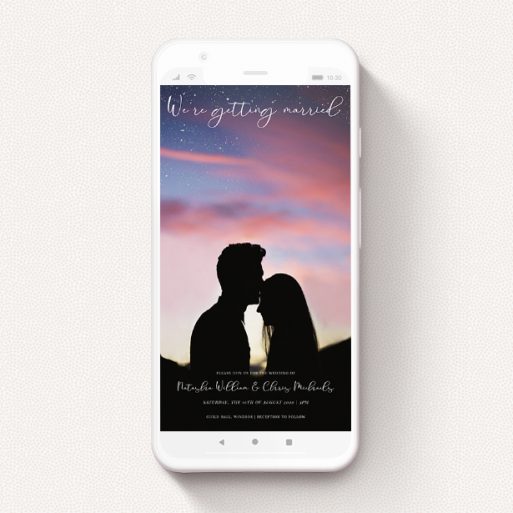 A wedding invitation for whatsapp template titled "Carnaby Street". It is a smartphone screen sized invite in a portrait orientation. It is a photographic wedding invitation for whatsapp with room for 1 photo. "Carnaby Street" is available as a flat invite, with mainly white colouring.