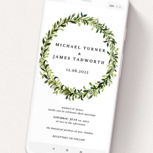 A wedding invitation for whatsapp design titled 'Classic Green Wreath'. It is a smartphone screen sized invite in a portrait orientation. 'Classic Green Wreath' is available as a flat invite, with tones of light green and dark green.