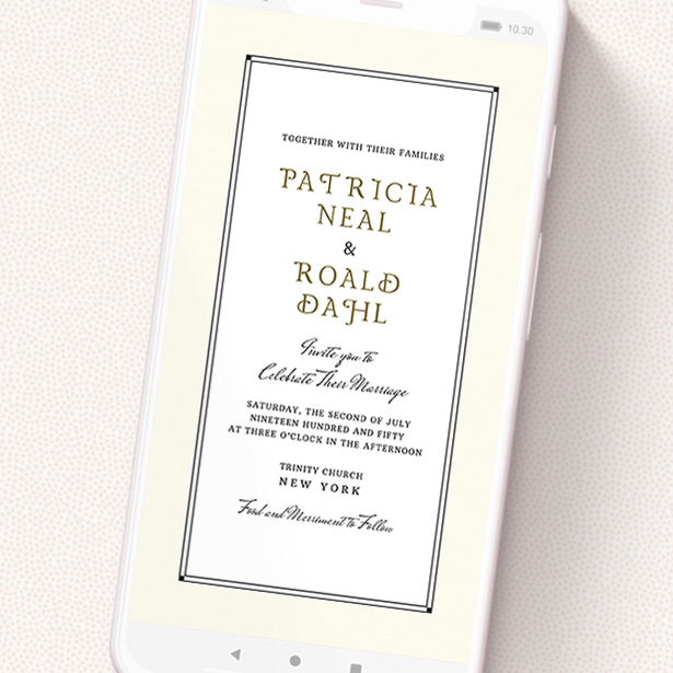 A wedding invitation for whatsapp design called 'Deco Cream '. It is a smartphone screen sized invite in a portrait orientation. 'Deco Cream ' is available as a flat invite, with mainly cream colouring.