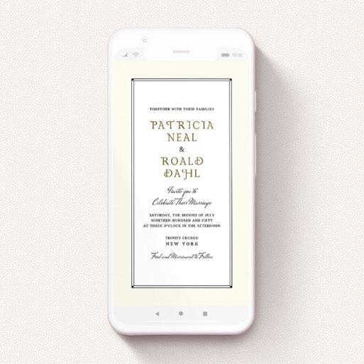 A wedding invitation for whatsapp design called "Deco Cream ". It is a smartphone screen sized invite in a portrait orientation. "Deco Cream " is available as a flat invite, with mainly cream colouring.