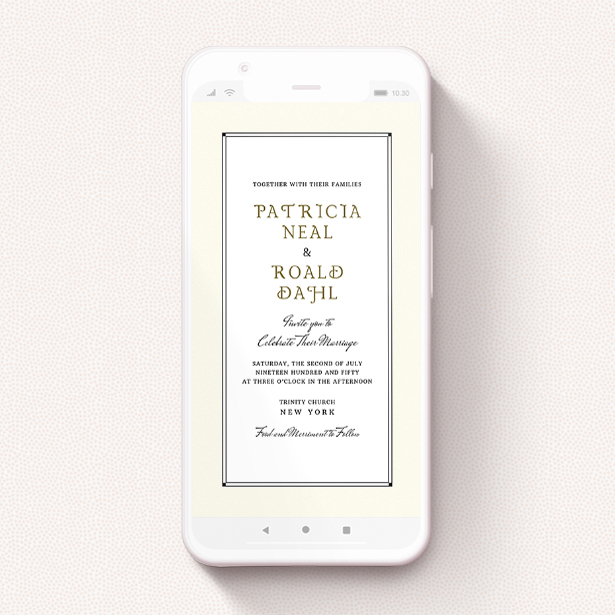A wedding invitation for whatsapp design called "Deco Cream ". It is a smartphone screen sized invite in a portrait orientation. "Deco Cream " is available as a flat invite, with mainly cream colouring.