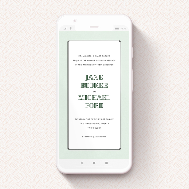 A wedding invitation for whatsapp design titled "Deco mint ". It is a smartphone screen sized invite in a portrait orientation. "Deco mint " is available as a flat invite, with tones of green and white.