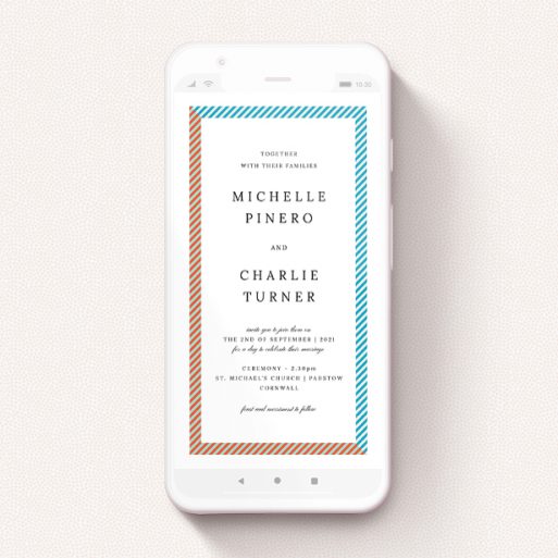 A wedding invitation for whatsapp named "Diagonal Frame". It is a smartphone screen sized invite in a portrait orientation. "Diagonal Frame" is available as a flat invite, with tones of white and light blue.