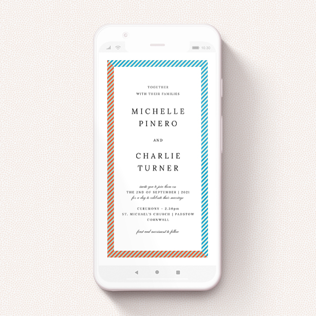 A wedding invitation for whatsapp named "Diagonal Frame". It is a smartphone screen sized invite in a portrait orientation. "Diagonal Frame" is available as a flat invite, with tones of white and light blue.