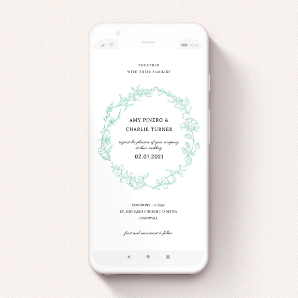 A wedding invitation for whatsapp named "Drawn Botanics". It is a smartphone screen sized invite in a portrait orientation. "Drawn Botanics" is available as a flat invite, with tones of green and white.