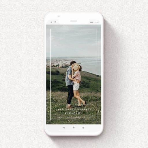A wedding invitation for whatsapp design titled "Fleet Street". It is a smartphone screen sized invite in a portrait orientation. It is a photographic wedding invitation for whatsapp with room for 1 photo. "Fleet Street" is available as a flat invite, with mainly white colouring.