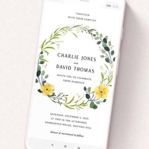 A wedding invitation for whatsapp template titled 'Full Summer Wreath'. It is a smartphone screen sized invite in a portrait orientation. 'Full Summer Wreath' is available as a flat invite, with tones of light green, dark green and yellow.