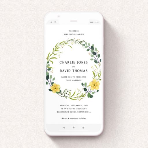 A wedding invitation for whatsapp template titled "Full Summer Wreath". It is a smartphone screen sized invite in a portrait orientation. "Full Summer Wreath" is available as a flat invite, with tones of light green, dark green and yellow.