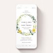 A wedding invitation for whatsapp template titled "Full Summer Wreath". It is a smartphone screen sized invite in a portrait orientation. "Full Summer Wreath" is available as a flat invite, with tones of light green, dark green and yellow.