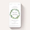 A wedding invitation for whatsapp named "Greek Wreath". It is a smartphone screen sized invite in a portrait orientation. "Greek Wreath" is available as a flat invite, with tones of blue and green.