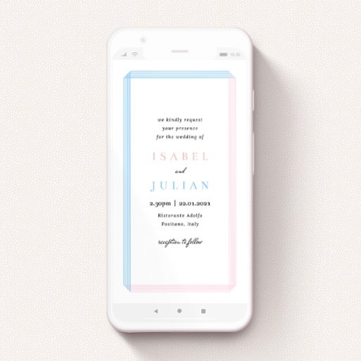 A wedding invitation for whatsapp called "Intersection". It is a smartphone screen sized invite in a portrait orientation. "Intersection" is available as a flat invite, with tones of blue and pink.