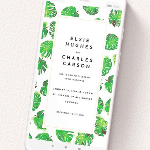 A wedding invitation for whatsapp design called 'Jungle Sky'. It is a smartphone screen sized invite in a portrait orientation. 'Jungle Sky' is available as a flat invite, with tones of green and white.