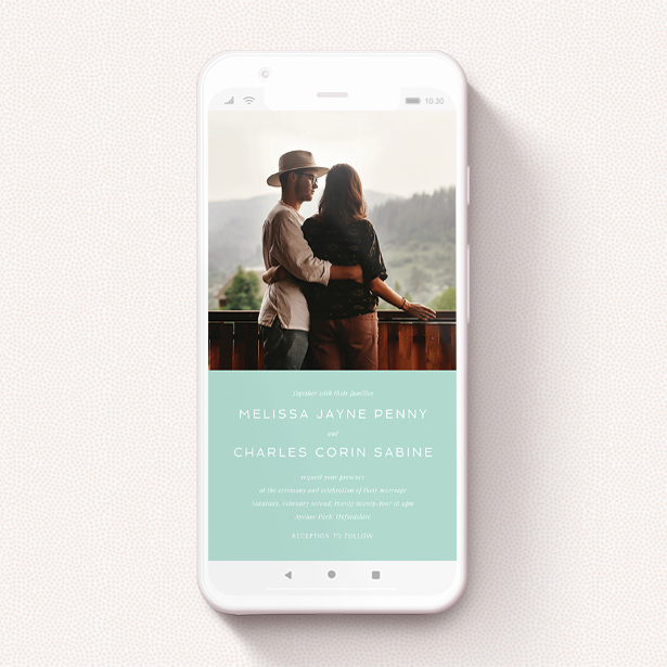 A wedding invitation for whatsapp named "Mint Bottom Simple". It is a smartphone screen sized invite in a portrait orientation. It is a photographic wedding invitation for whatsapp with room for 1 photo. "Mint Bottom Simple" is available as a flat invite, with tones of green and white.