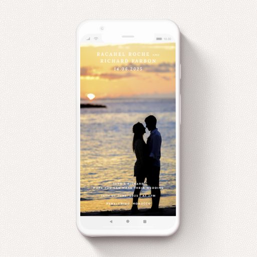 A wedding invitation for whatsapp called "Modern Formality". It is a smartphone screen sized invite in a portrait orientation. It is a photographic wedding invitation for whatsapp with room for 1 photo. "Modern Formality" is available as a flat invite, with mainly white colouring.