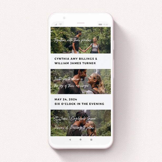 A wedding invitation for whatsapp called "Newsreel ". It is a smartphone screen sized invite in a portrait orientation. It is a photographic wedding invitation for whatsapp with room for 3 photos. "Newsreel " is available as a flat invite, with tones of black and white.