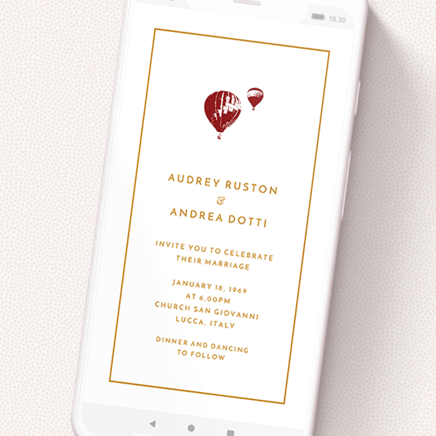 A wedding invitation for whatsapp design called 'Off and away'. It is a smartphone screen sized invite in a portrait orientation. 'Off and away' is available as a flat invite, with tones of white and orange.