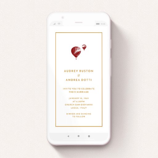 A wedding invitation for whatsapp design called "Off and away". It is a smartphone screen sized invite in a portrait orientation. "Off and away" is available as a flat invite, with tones of white and orange.