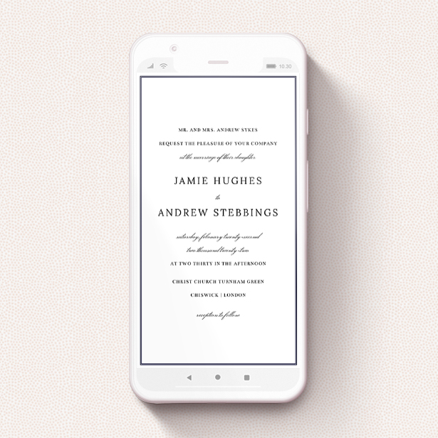 A wedding invitation for whatsapp design called "Oh so delicate". It is a smartphone screen sized invite in a portrait orientation. "Oh so delicate" is available as a flat invite, with tones of white and black.