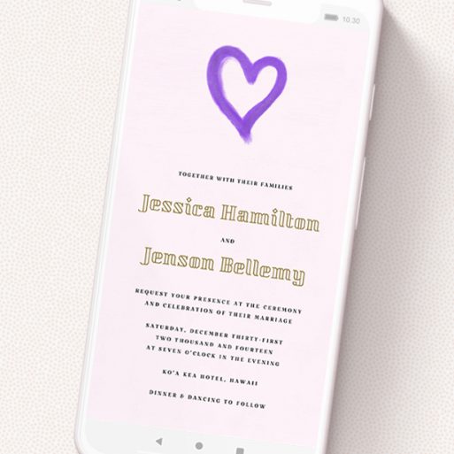 A wedding invitation for whatsapp design named 'One little heart '. It is a smartphone screen sized invite in a portrait orientation. 'One little heart ' is available as a flat invite, with tones of pink, purple and gold.