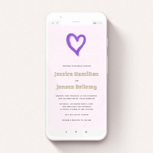 A wedding invitation for whatsapp design named "One little heart ". It is a smartphone screen sized invite in a portrait orientation. "One little heart " is available as a flat invite, with tones of pink, purple and gold.