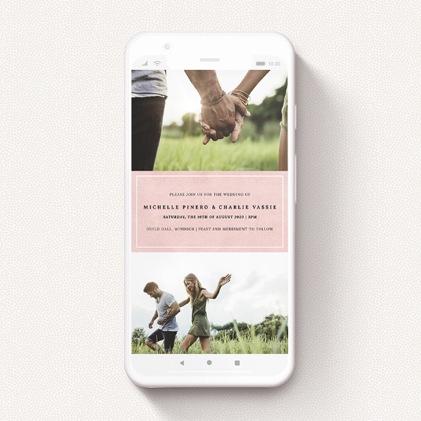 A wedding invitation for whatsapp design titled "Pink in the Middle". It is a smartphone screen sized invite in a portrait orientation. It is a photographic wedding invitation for whatsapp with room for 2 photos. "Pink in the Middle" is available as a flat invite, with tones of pink and white.