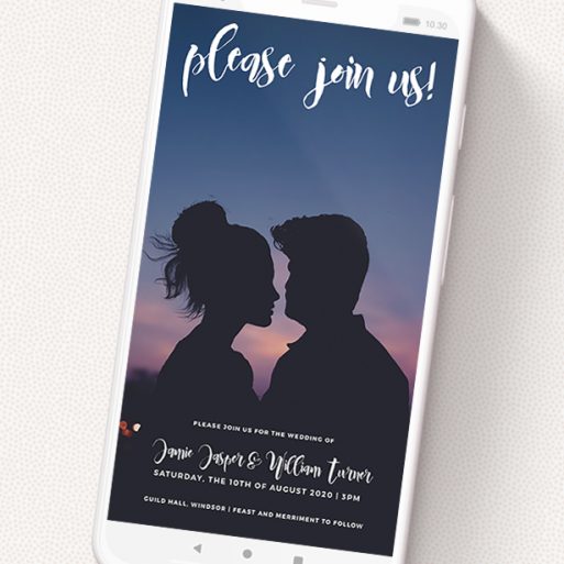 A wedding invitation for whatsapp design named 'Please Join Us'. It is a smartphone screen sized invite in a portrait orientation. It is a photographic wedding invitation for whatsapp with room for 1 photo. 'Please Join Us' is available as a flat invite, with mainly white colouring.