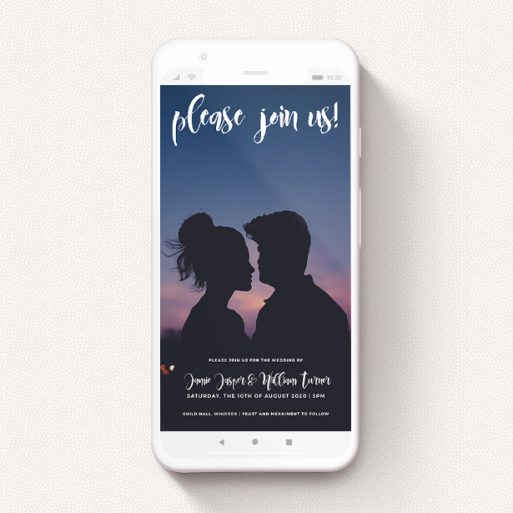 A wedding invitation for whatsapp design named "Please Join Us". It is a smartphone screen sized invite in a portrait orientation. It is a photographic wedding invitation for whatsapp with room for 1 photo. "Please Join Us" is available as a flat invite, with mainly white colouring.