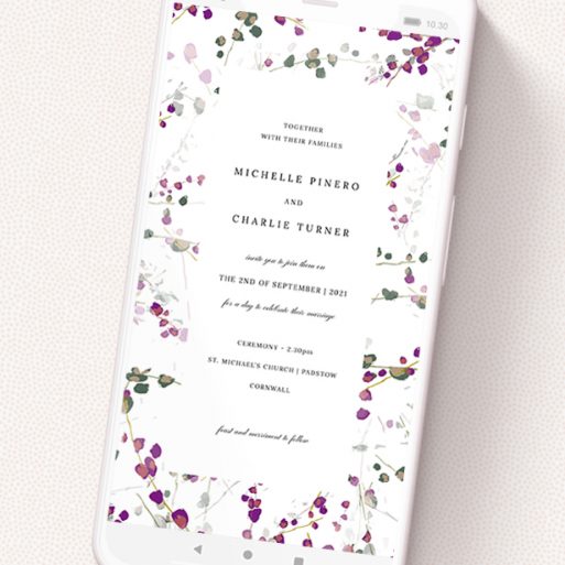 A wedding invitation for whatsapp design called 'Purple Lupine'. It is a smartphone screen sized invite in a portrait orientation. 'Purple Lupine' is available as a flat invite, with tones of purple, pink and dark green.