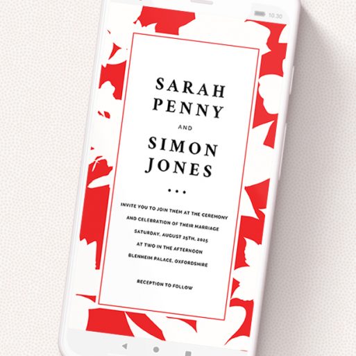 A wedding invitation for whatsapp design titled 'Red Flowers'. It is a smartphone screen sized invite in a portrait orientation. 'Red Flowers' is available as a flat invite, with tones of red and white.