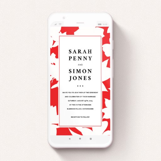 A wedding invitation for whatsapp design titled "Red Flowers". It is a smartphone screen sized invite in a portrait orientation. "Red Flowers" is available as a flat invite, with tones of red and white.