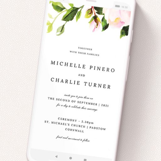 A wedding invitation for whatsapp design named 'Rose Roof'. It is a smartphone screen sized invite in a portrait orientation. 'Rose Roof' is available as a flat invite, with tones of pink and green.