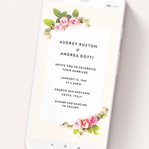 A wedding invitation for whatsapp named 'Roses on the corner '. It is a smartphone screen sized invite in a portrait orientation. 'Roses on the corner ' is available as a flat invite, with tones of light pink and green.