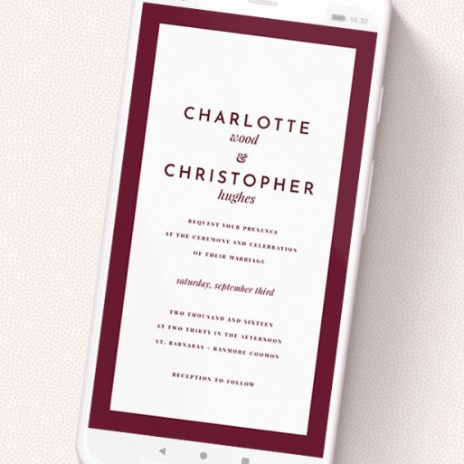A wedding invitation for whatsapp template titled 'Script Switch Maroon'. It is a smartphone screen sized invite in a portrait orientation. 'Script Switch Maroon' is available as a flat invite, with tones of burgundy and white.