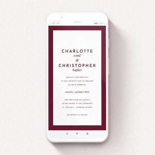 A wedding invitation for whatsapp template titled "Script Switch Maroon". It is a smartphone screen sized invite in a portrait orientation. "Script Switch Maroon" is available as a flat invite, with tones of burgundy and white.